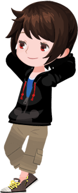My avatar leaning against the right side of the screen with her hands behind her head.