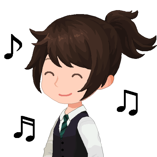 The upper half of my avatar but in pixel art form, smiling with her eyes closed and three different notes dancing around her.